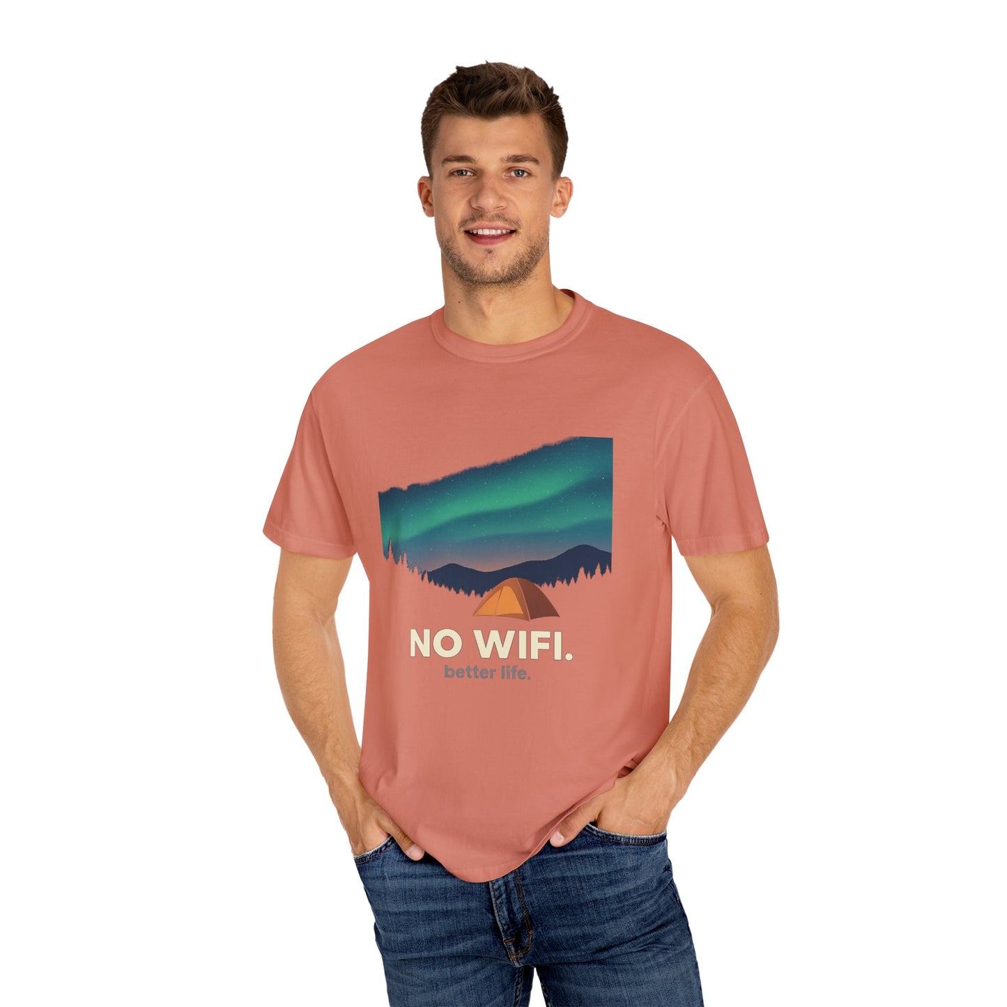 No WiFi Camping T-Shirt — Northern Lights Tent Graphic