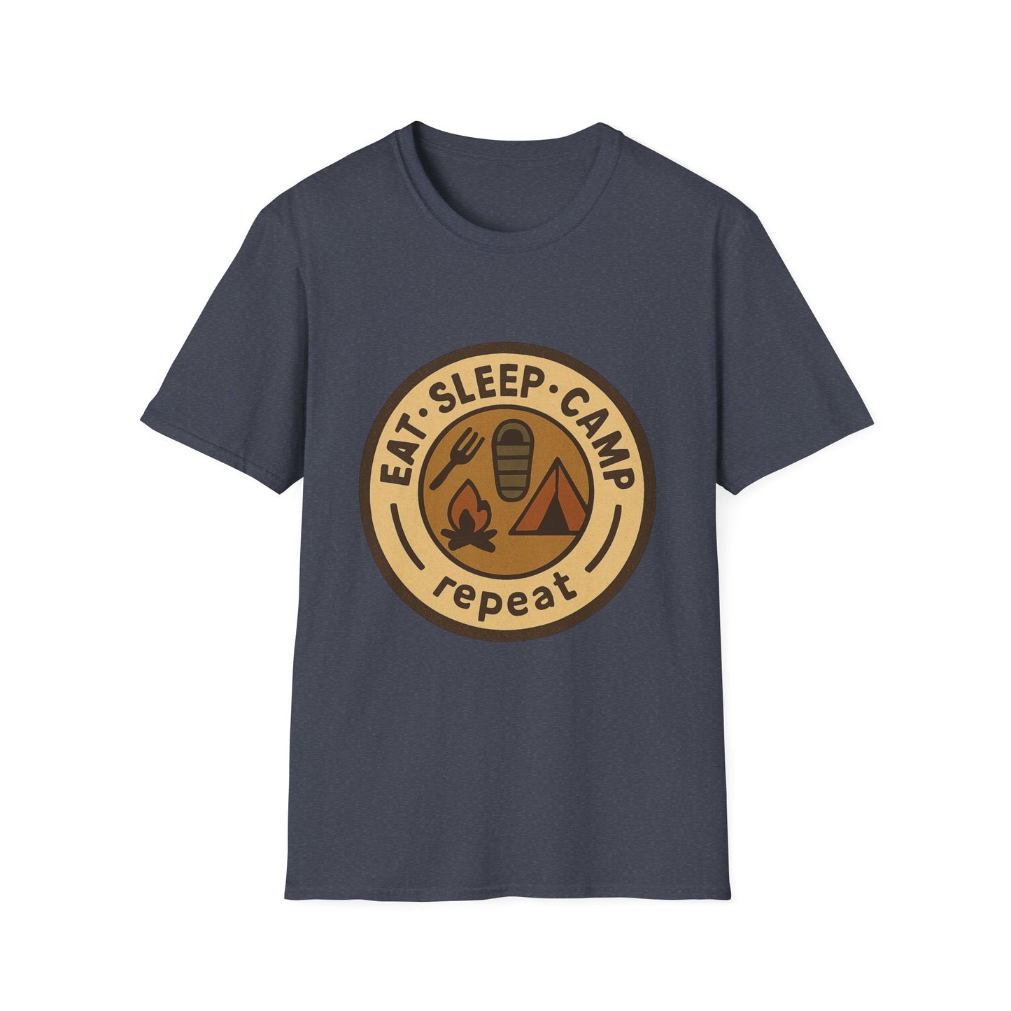 Camping Badge T-Shirt — "Eat. Sleep. Camp. Repeat." Outdoor Adventure Tee