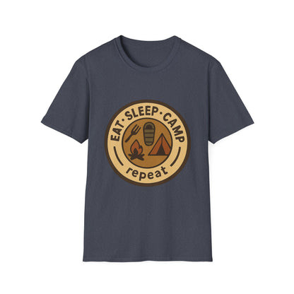 Camping Badge T-Shirt — "Eat. Sleep. Camp. Repeat." Outdoor Adventure Tee