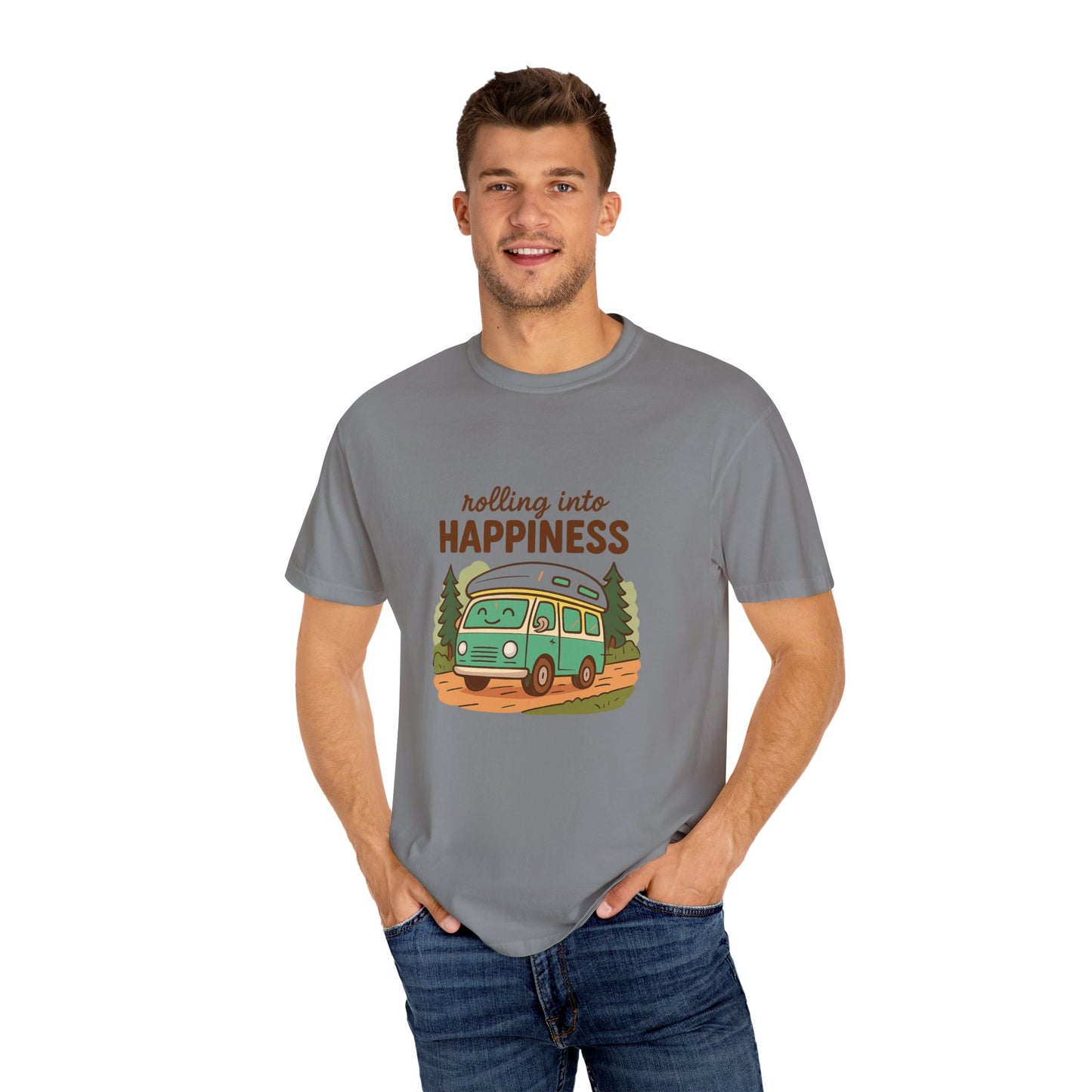 Rolling Into Happiness T-Shirt – Cute Van Life Shirt for Campers, Travelers & Adventure Lovers
