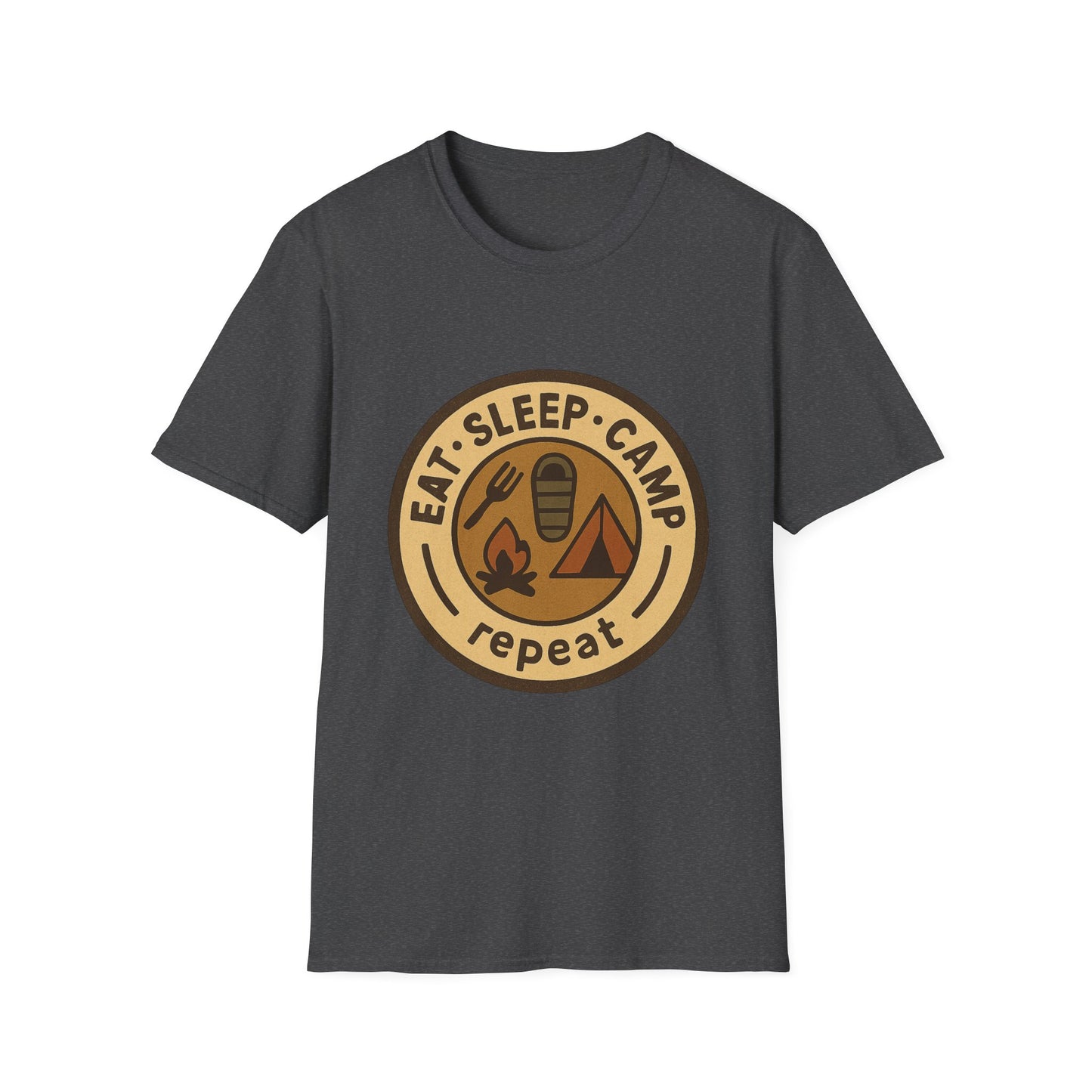 Camping Badge T-Shirt — "Eat. Sleep. Camp. Repeat." Outdoor Adventure Tee