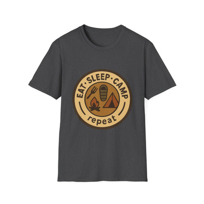 Camping Badge T-Shirt — "Eat. Sleep. Camp. Repeat." Outdoor Adventure Tee