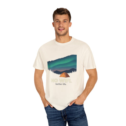 No WiFi Camping T-Shirt — Northern Lights Tent Graphic