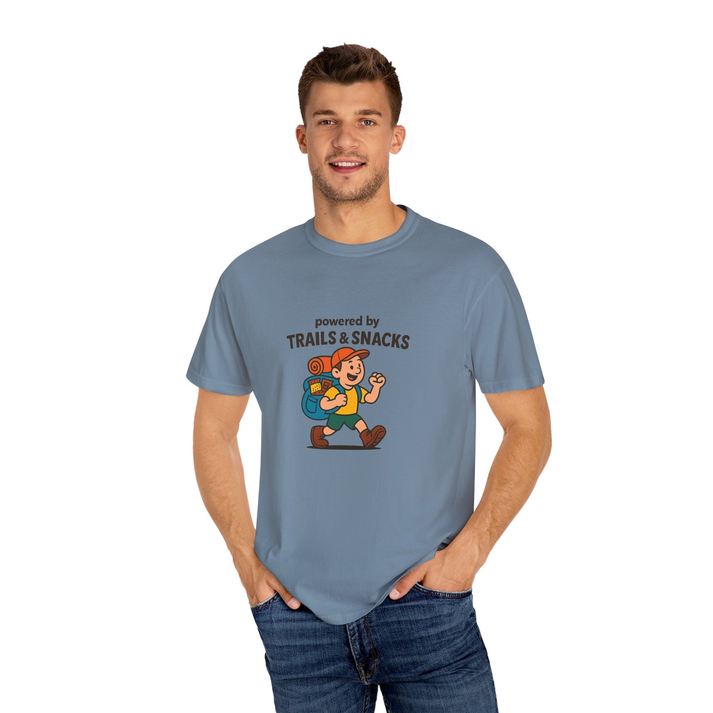 Powered by Trails & Snacks T-Shirt | Funny Hiking Shirt for Outdoorsy Snack Lovers | Hiker Humor Tee for Men & Women