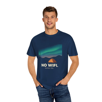 No WiFi Camping T-Shirt — Northern Lights Tent Graphic