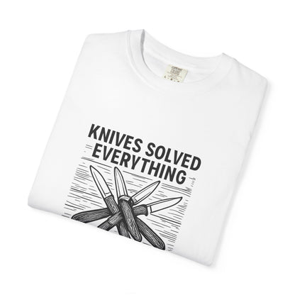 Knives Solved Everything (Before Therapy Did) T-Shirt – Funny EDC, Camping & Outdoors Shirt for Men Who Love Their Tools