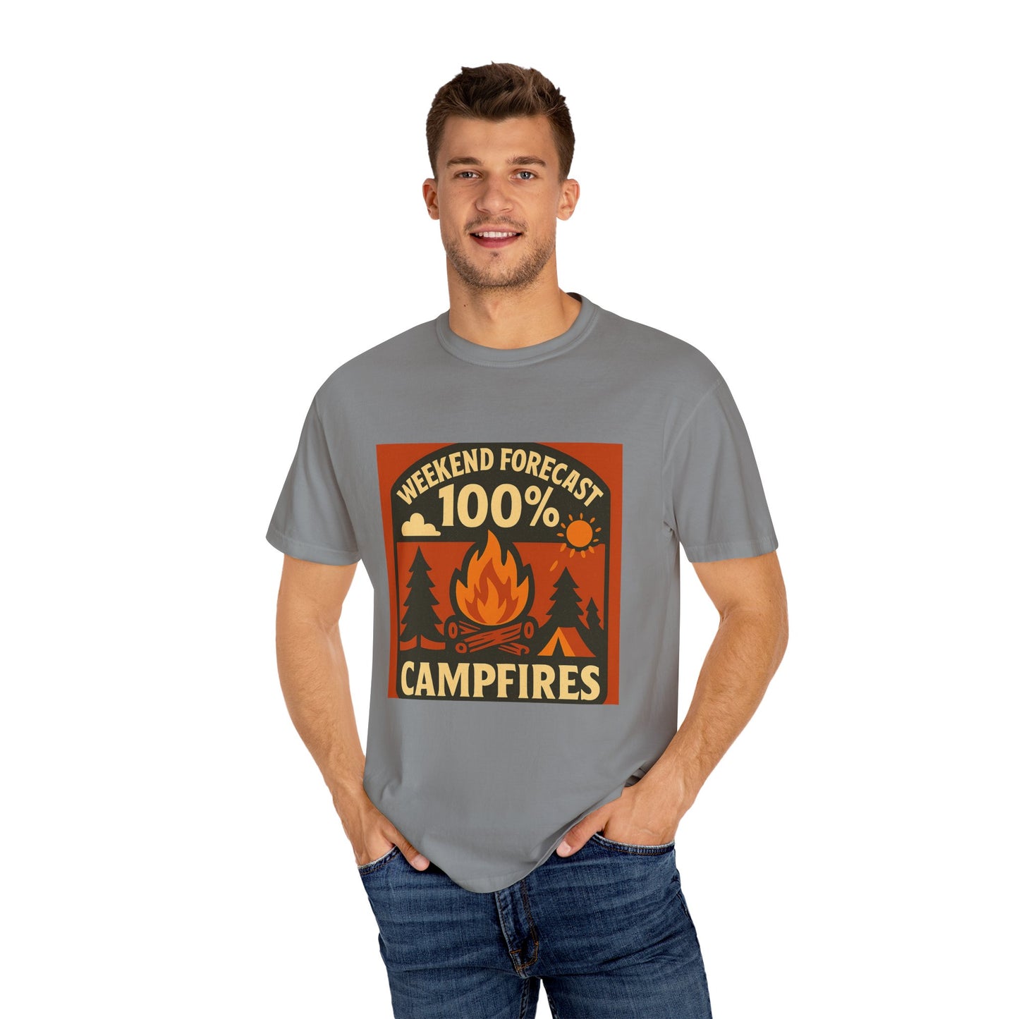 Campfire T-Shirt — "Weekend Forecast 100% Campfires" Retro Camping Tee