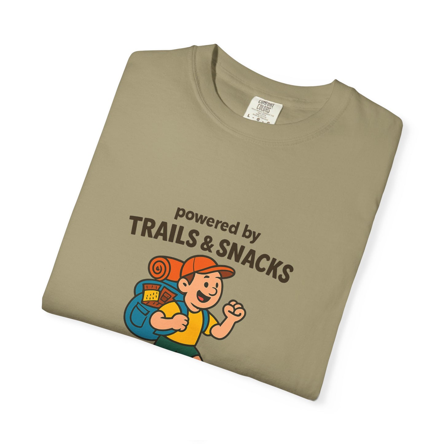 Powered by Trails & Snacks T-Shirt | Funny Hiking Shirt for Outdoorsy Snack Lovers | Hiker Humor Tee for Men & Women