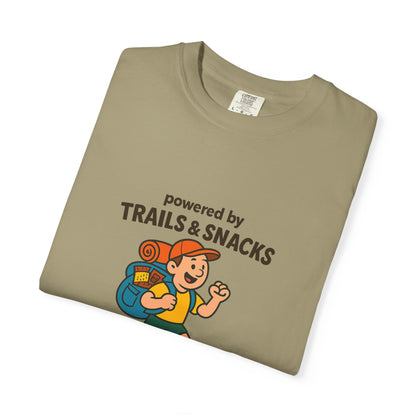 Powered by Trails & Snacks T-Shirt | Funny Hiking Shirt for Outdoorsy Snack Lovers | Hiker Humor Tee for Men & Women