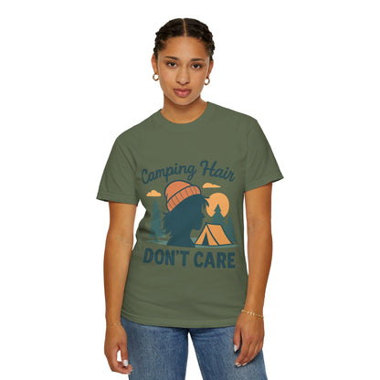 Camping Hair Don’t Care T-Shirt — Outdoor Camping Graphic Tee