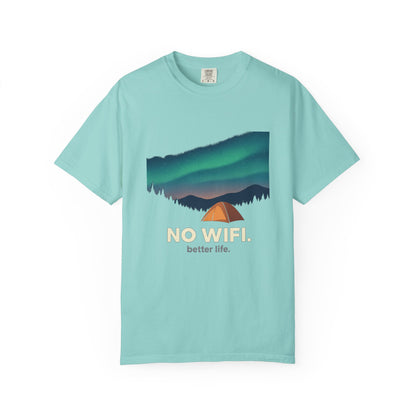 No WiFi Camping T-Shirt — Northern Lights Tent Graphic