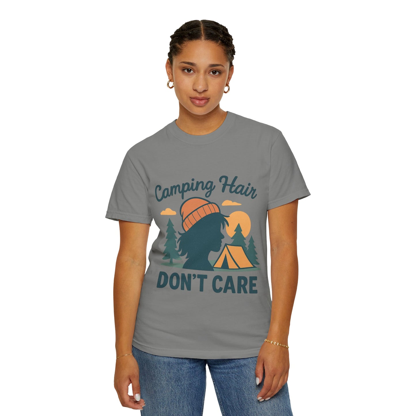Camping Hair Don’t Care T-Shirt — Outdoor Camping Graphic Tee
