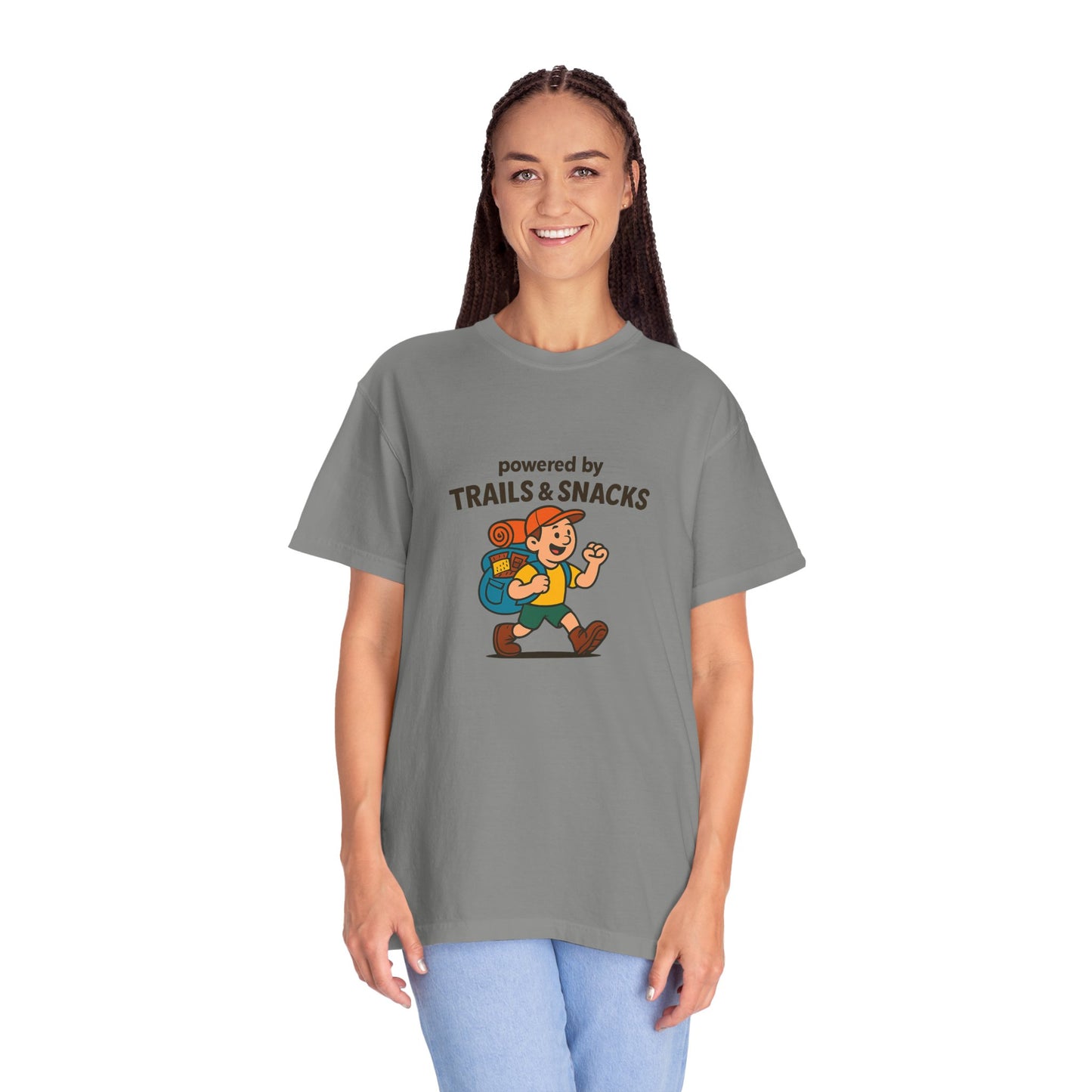 Powered by Trails & Snacks T-Shirt | Funny Hiking Shirt for Outdoorsy Snack Lovers | Hiker Humor Tee for Men & Women