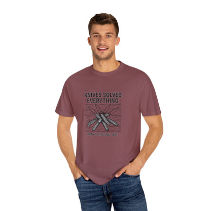 Knives Solved Everything (Before Therapy Did) T-Shirt – Funny EDC, Camping & Outdoors Shirt for Men Who Love Their Tools