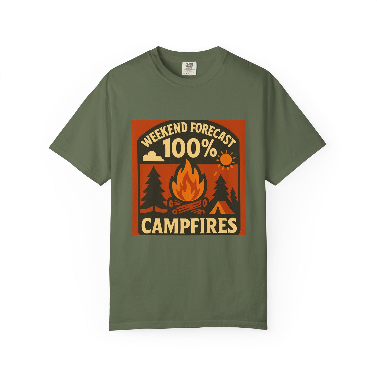 Campfire T-Shirt — "Weekend Forecast 100% Campfires" Retro Camping Tee