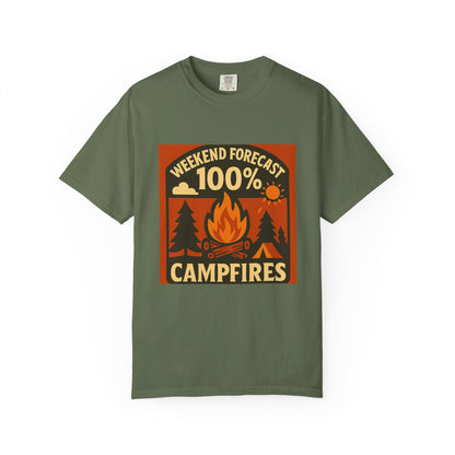 Campfire T-Shirt — "Weekend Forecast 100% Campfires" Retro Camping Tee
