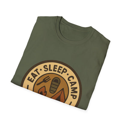 Camping Badge T-Shirt — "Eat. Sleep. Camp. Repeat." Outdoor Adventure Tee