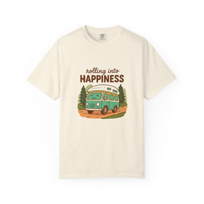 Rolling Into Happiness T-Shirt – Cute Van Life Shirt for Campers, Travelers & Adventure Lovers