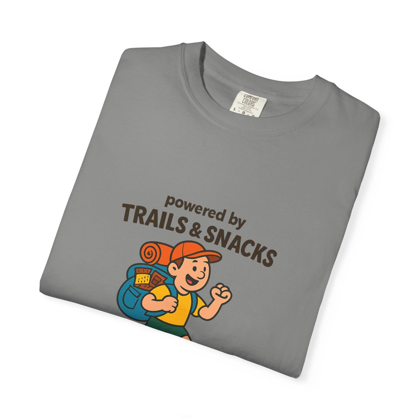 Powered by Trails & Snacks T-Shirt | Funny Hiking Shirt for Outdoorsy Snack Lovers | Hiker Humor Tee for Men & Women