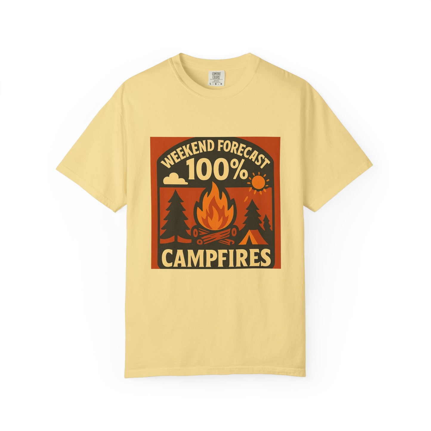 Campfire T-Shirt — "Weekend Forecast 100% Campfires" Retro Camping Tee