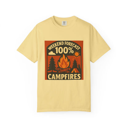 Campfire T-Shirt — "Weekend Forecast 100% Campfires" Retro Camping Tee