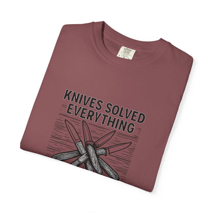 Knives Solved Everything (Before Therapy Did) T-Shirt – Funny EDC, Camping & Outdoors Shirt for Men Who Love Their Tools