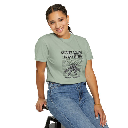 Knives Solved Everything (Before Therapy Did) T-Shirt – Funny EDC, Camping & Outdoors Shirt for Men Who Love Their Tools