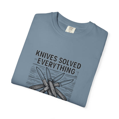 Knives Solved Everything (Before Therapy Did) T-Shirt – Funny EDC, Camping & Outdoors Shirt for Men Who Love Their Tools