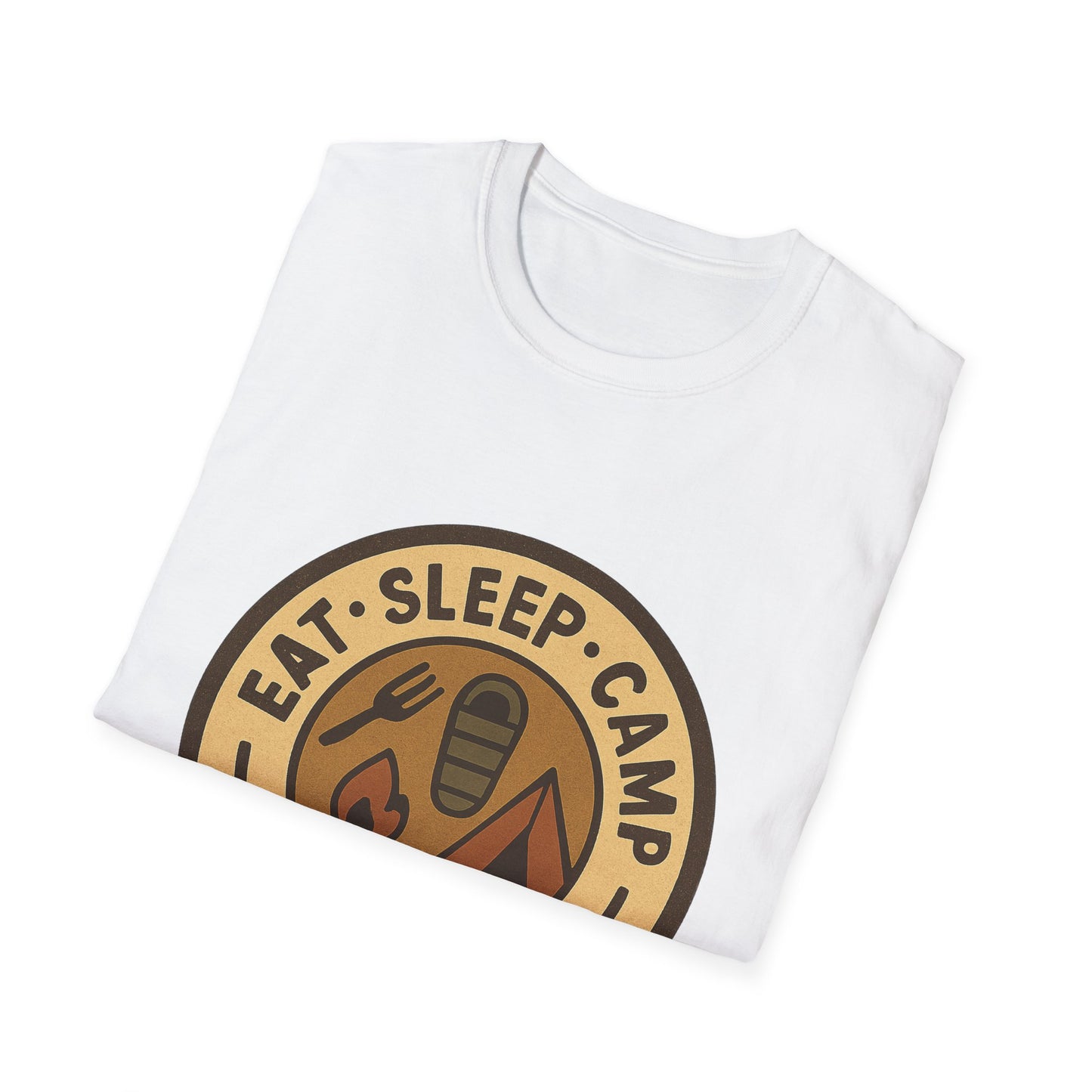 Camping Badge T-Shirt — "Eat. Sleep. Camp. Repeat." Outdoor Adventure Tee