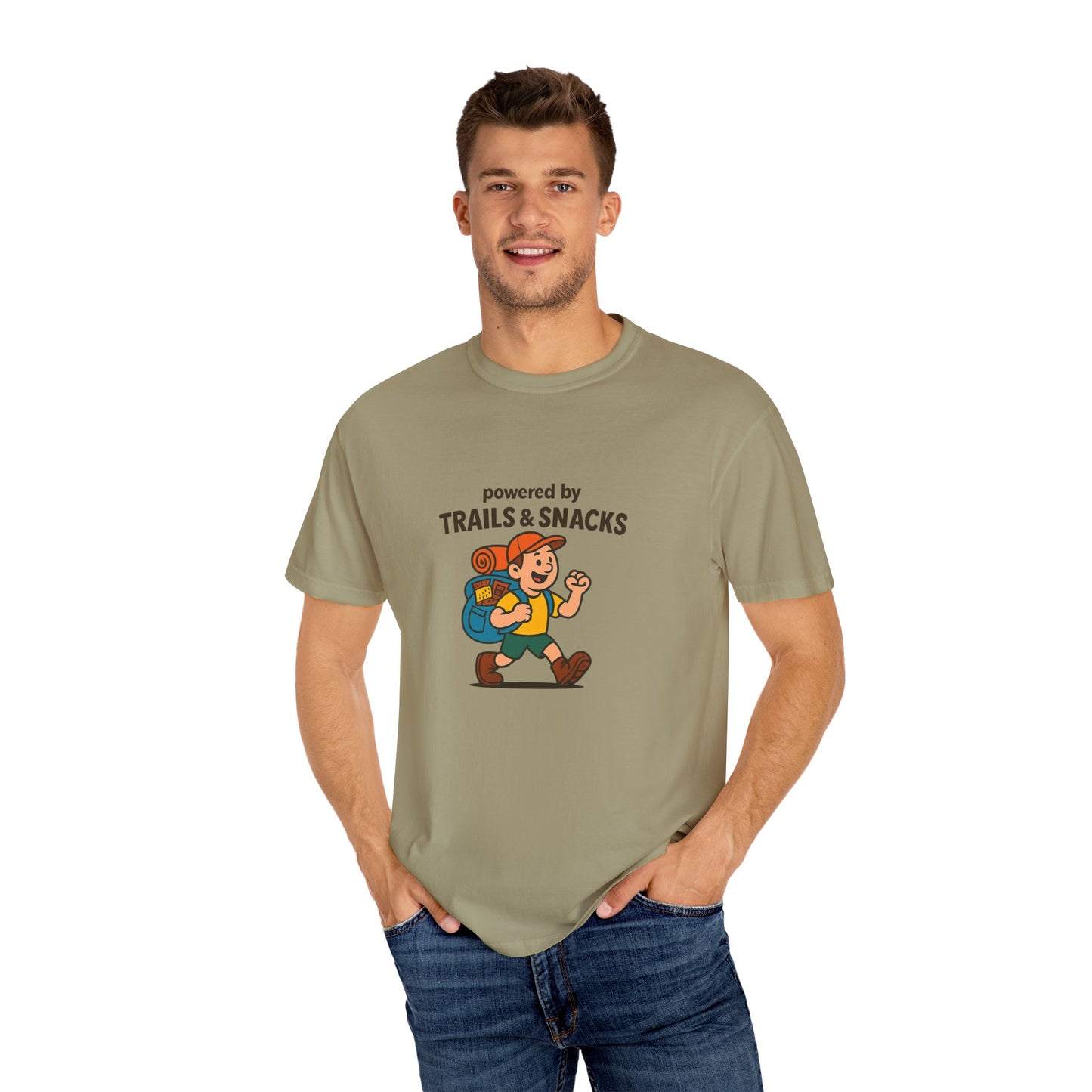 Powered by Trails & Snacks T-Shirt | Funny Hiking Shirt for Outdoorsy Snack Lovers | Hiker Humor Tee for Men & Women