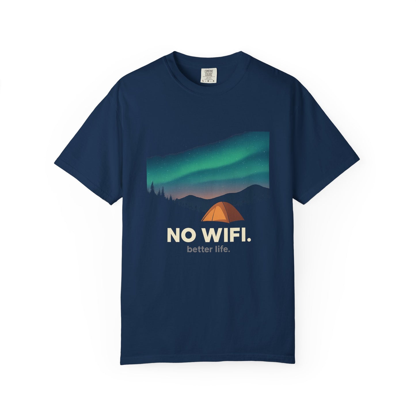 No WiFi Camping T-Shirt — Northern Lights Tent Graphic