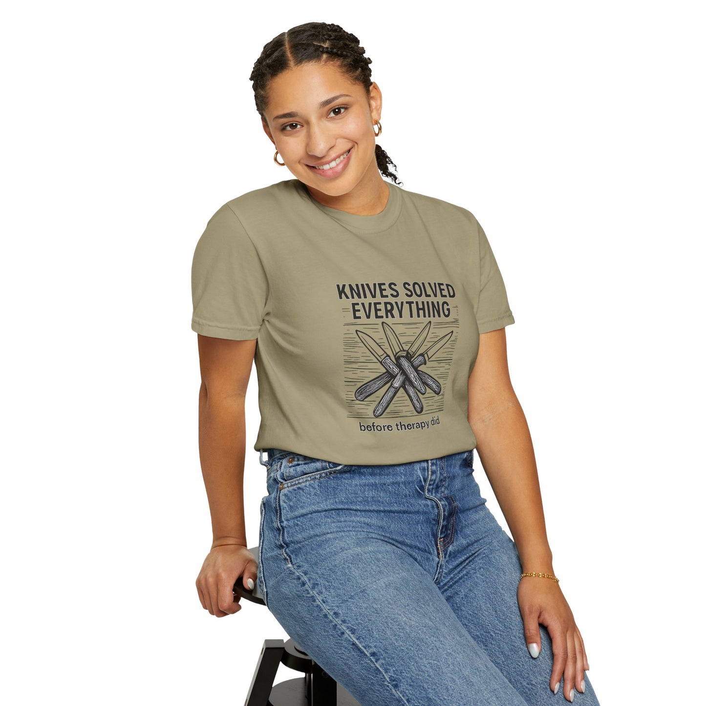 Knives Solved Everything (Before Therapy Did) T-Shirt – Funny EDC, Camping & Outdoors Shirt for Men Who Love Their Tools