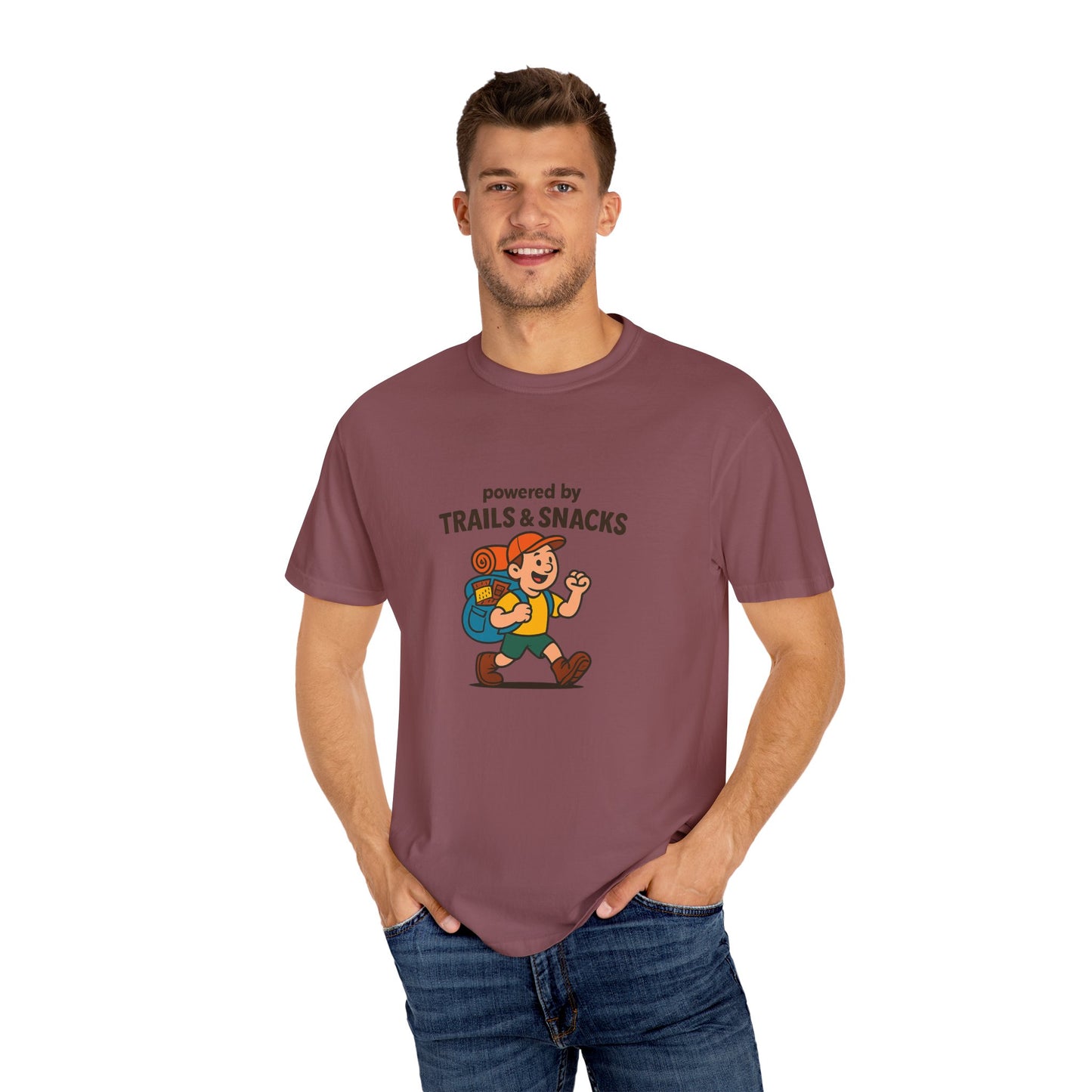 Powered by Trails & Snacks T-Shirt | Funny Hiking Shirt for Outdoorsy Snack Lovers | Hiker Humor Tee for Men & Women