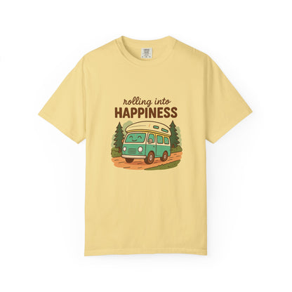 Rolling Into Happiness T-Shirt – Cute Van Life Shirt for Campers, Travelers & Adventure Lovers