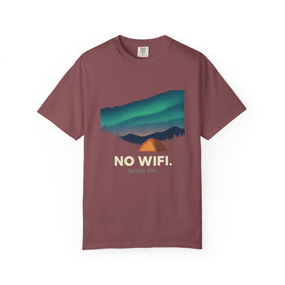 No WiFi Camping T-Shirt — Northern Lights Tent Graphic