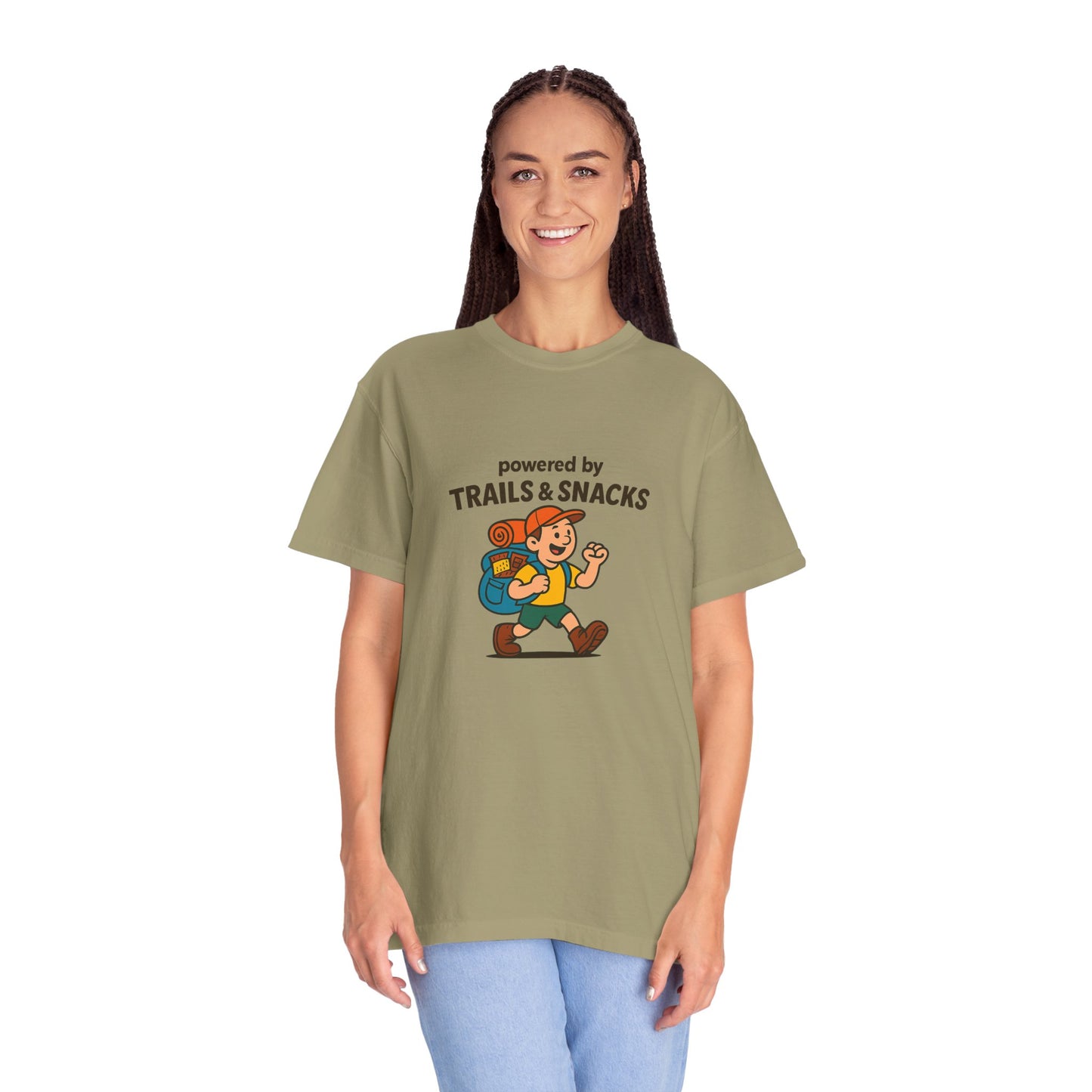 Powered by Trails & Snacks T-Shirt | Funny Hiking Shirt for Outdoorsy Snack Lovers | Hiker Humor Tee for Men & Women