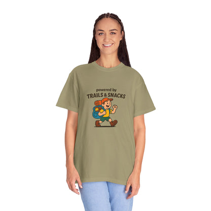 Powered by Trails & Snacks T-Shirt | Funny Hiking Shirt for Outdoorsy Snack Lovers | Hiker Humor Tee for Men & Women