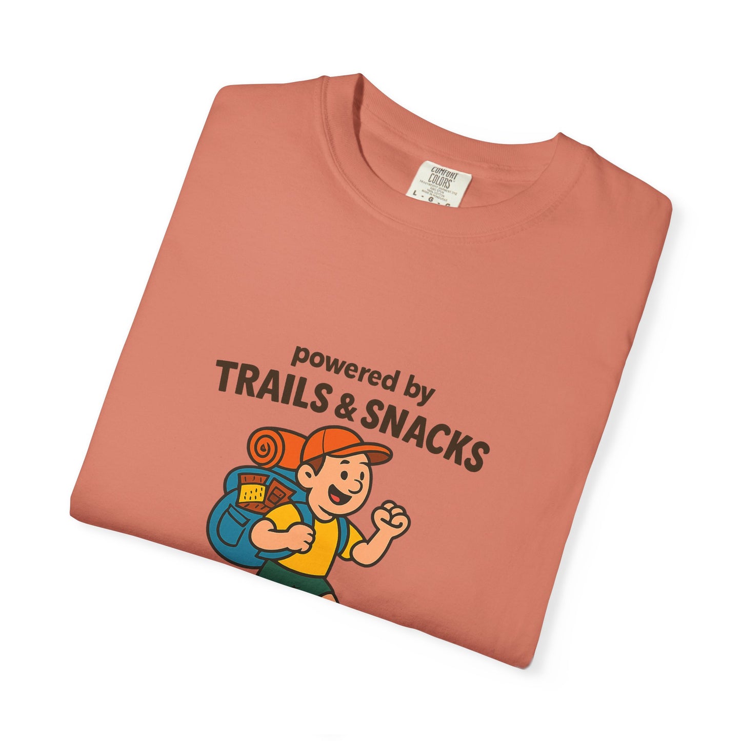 Powered by Trails & Snacks T-Shirt | Funny Hiking Shirt for Outdoorsy Snack Lovers | Hiker Humor Tee for Men & Women