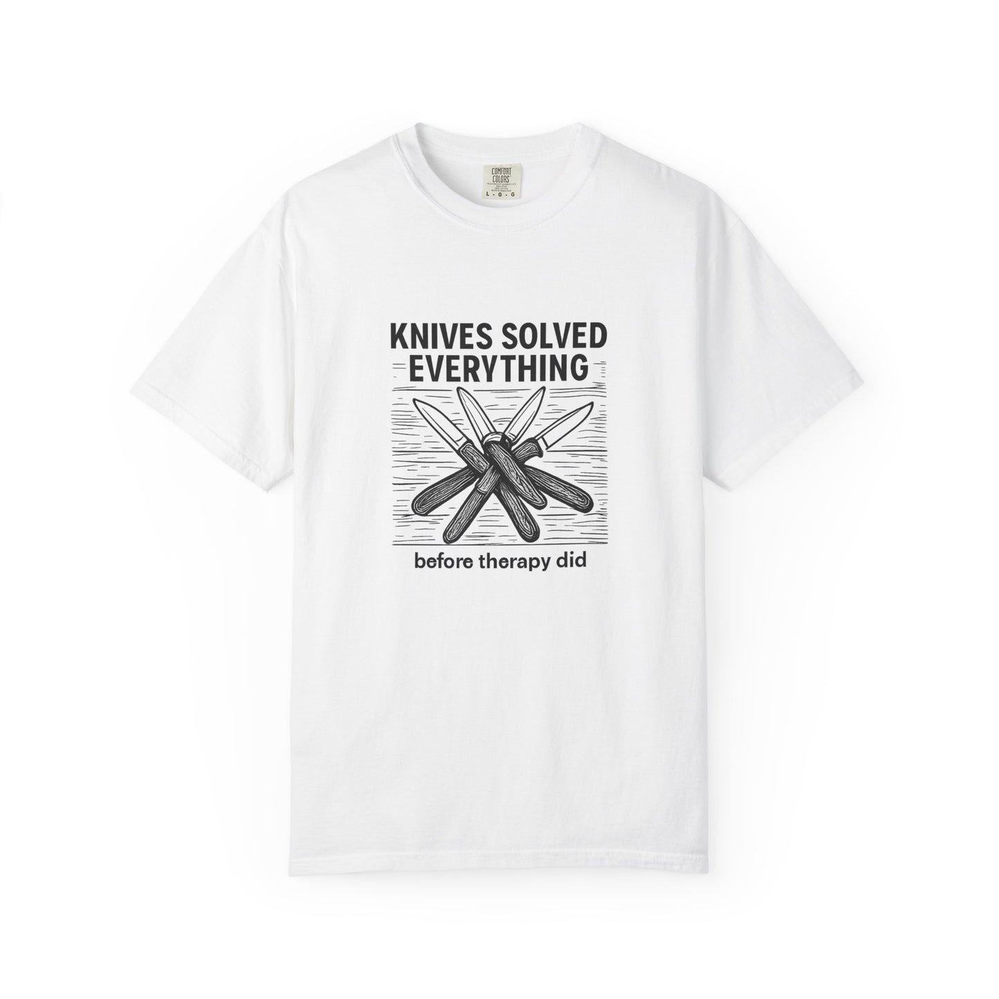 Knives Solved Everything (Before Therapy Did) T-Shirt – Funny EDC, Camping & Outdoors Shirt for Men Who Love Their Tools