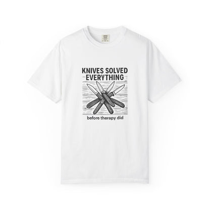 Knives Solved Everything (Before Therapy Did) T-Shirt – Funny EDC, Camping & Outdoors Shirt for Men Who Love Their Tools