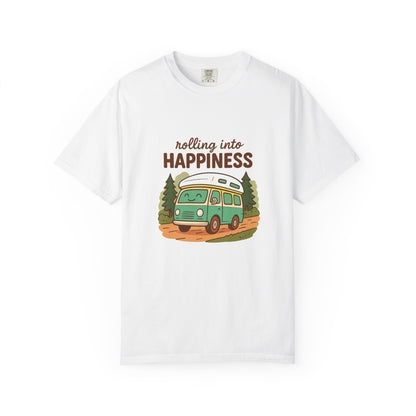 Rolling Into Happiness T-Shirt – Cute Van Life Shirt for Campers, Travelers & Adventure Lovers