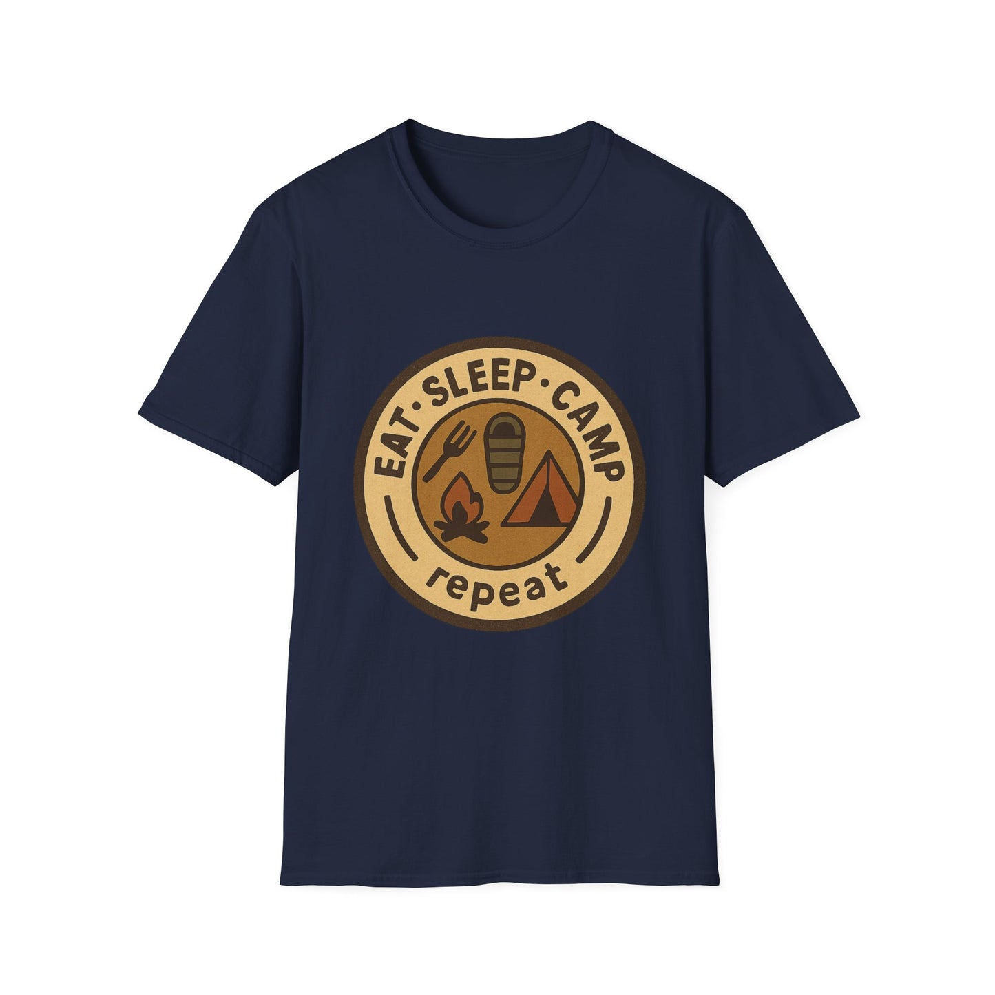 Camping Badge T-Shirt — "Eat. Sleep. Camp. Repeat." Outdoor Adventure Tee