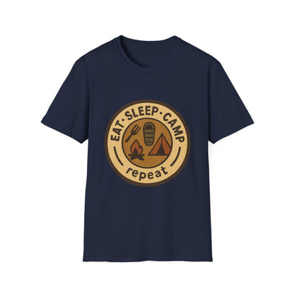 Camping Badge T-Shirt — "Eat. Sleep. Camp. Repeat." Outdoor Adventure Tee