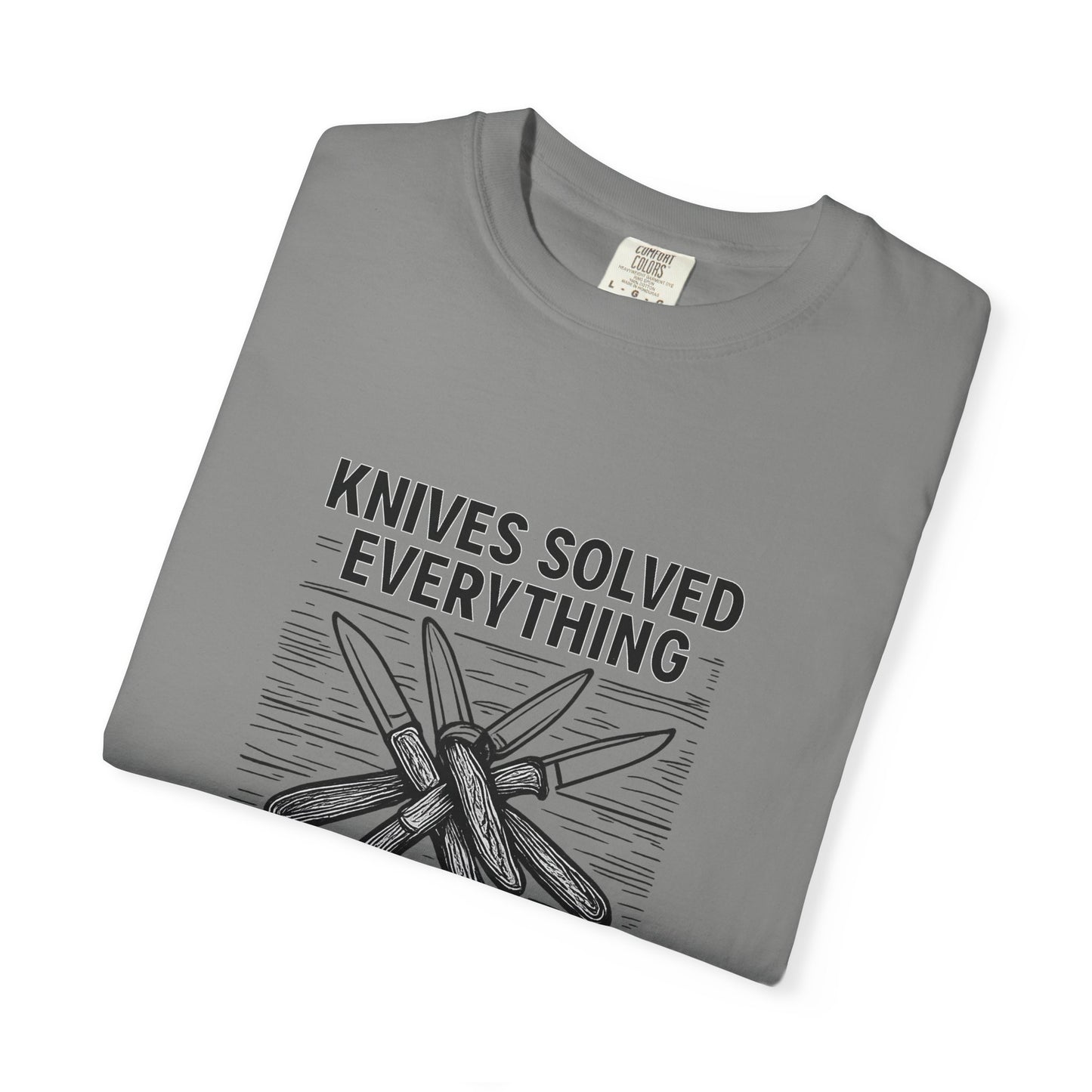 Knives Solved Everything (Before Therapy Did) T-Shirt – Funny EDC, Camping & Outdoors Shirt for Men Who Love Their Tools