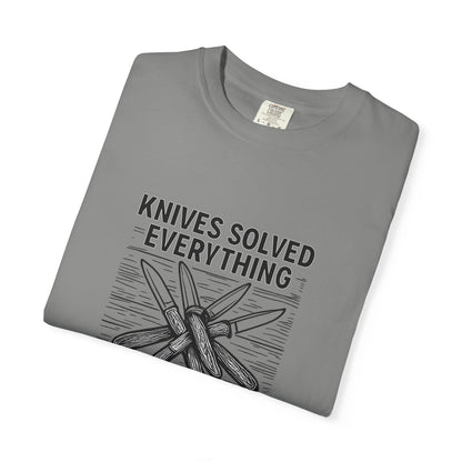 Knives Solved Everything (Before Therapy Did) T-Shirt – Funny EDC, Camping & Outdoors Shirt for Men Who Love Their Tools