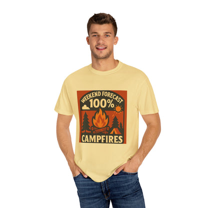 Campfire T-Shirt — "Weekend Forecast 100% Campfires" Retro Camping Tee