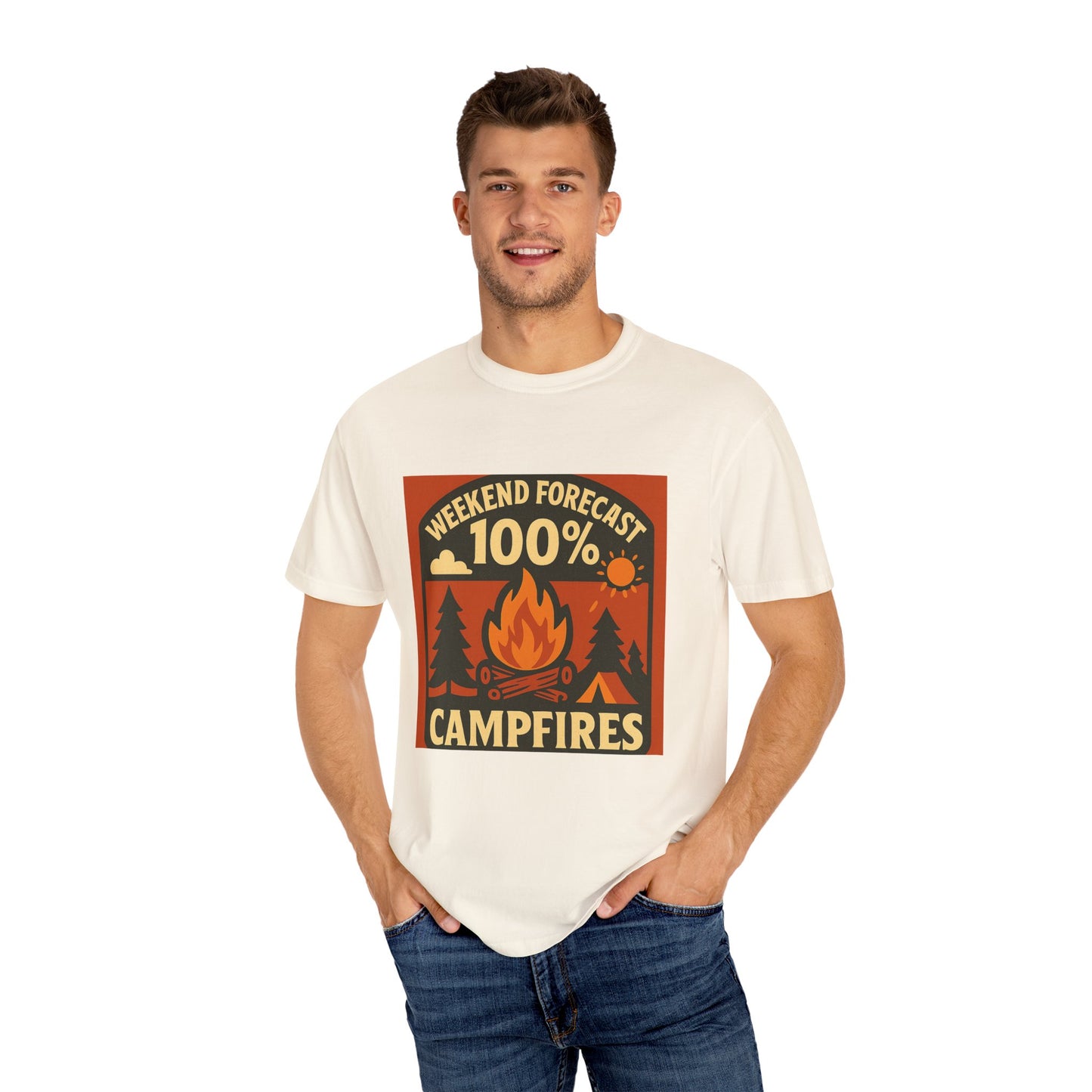 Campfire T-Shirt — "Weekend Forecast 100% Campfires" Retro Camping Tee