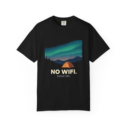 No WiFi Camping T-Shirt — Northern Lights Tent Graphic