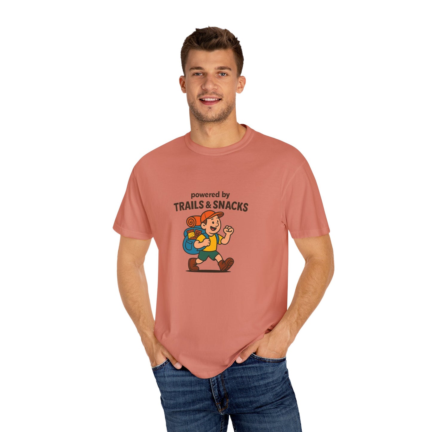 Powered by Trails & Snacks T-Shirt | Funny Hiking Shirt for Outdoorsy Snack Lovers | Hiker Humor Tee for Men & Women