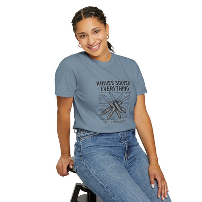 Knives Solved Everything (Before Therapy Did) T-Shirt – Funny EDC, Camping & Outdoors Shirt for Men Who Love Their Tools